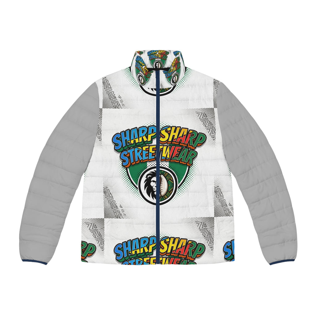 Puffer Jacket — Sharp Streetwear Logo All-Over Print