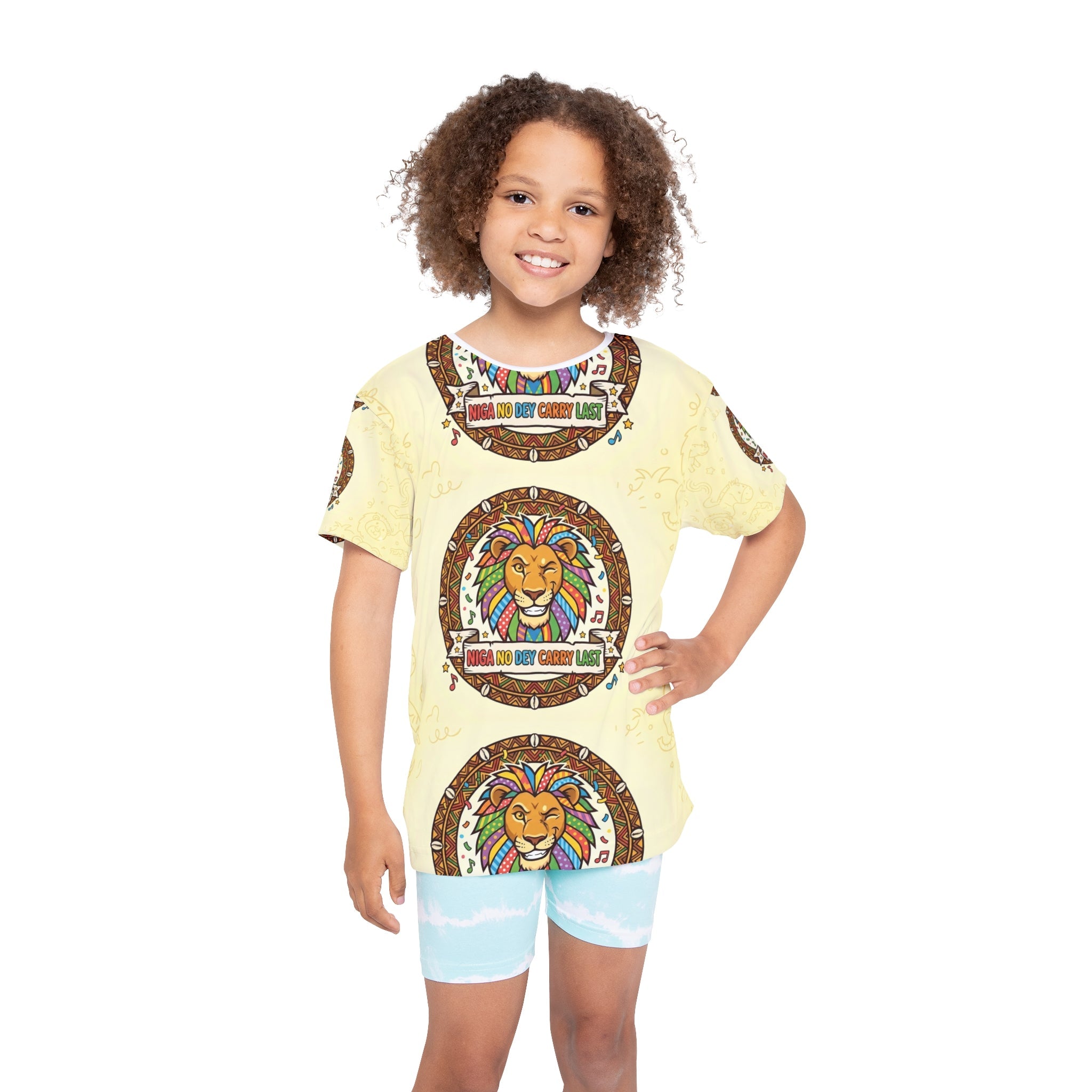 Kids Jersey — Colorful Lion AOP "Niga No Boy Cryy Last" Sports Tee