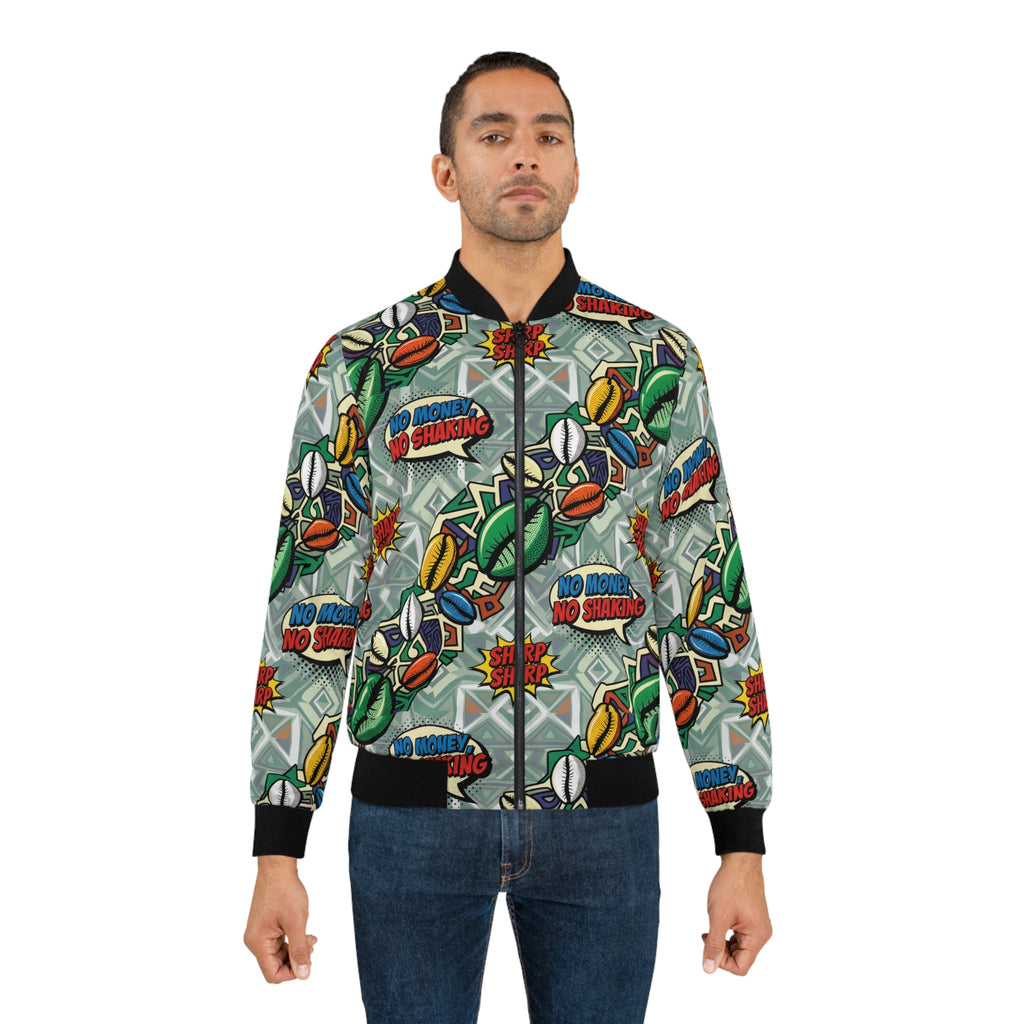 Graphic Bomber Jacket — 'No Money, No Shaking' Patchwork Streetwear