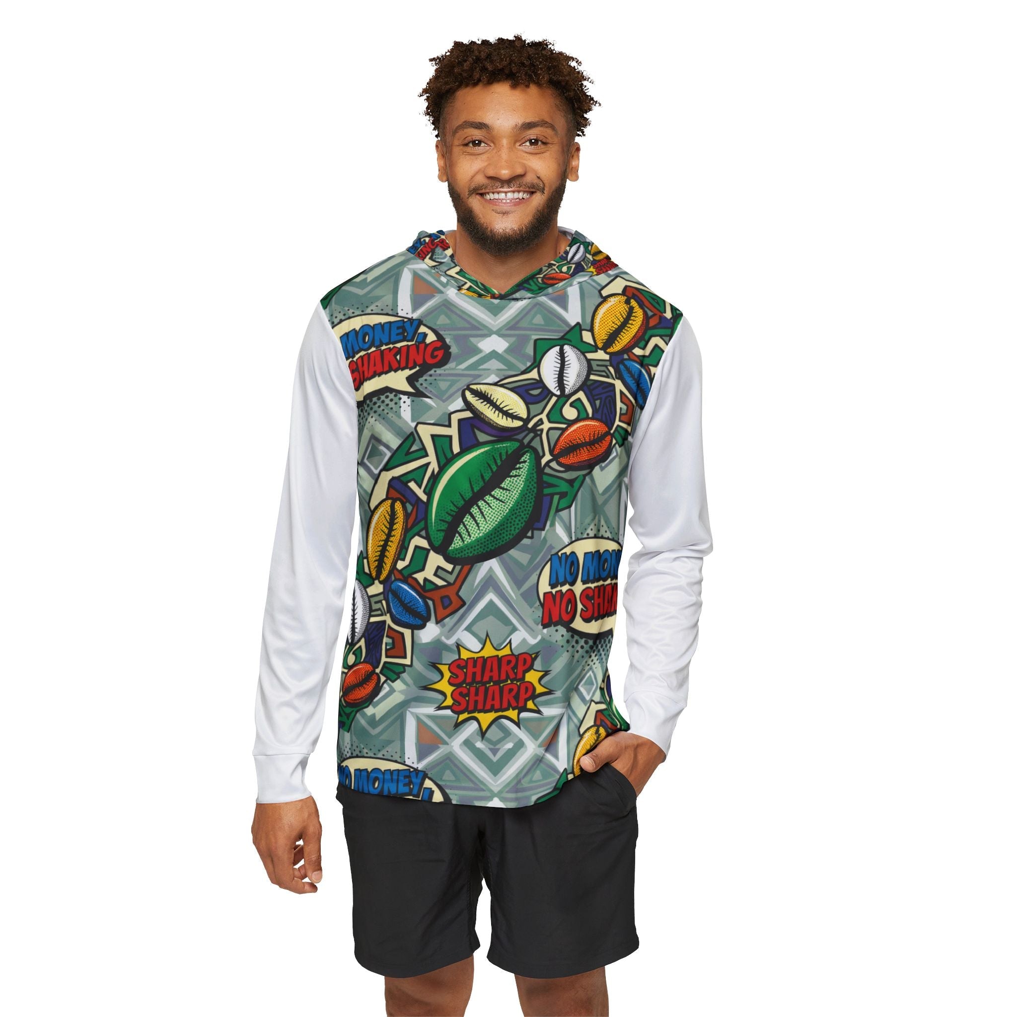 Men's Graphic Warmup Hoodie — 'No Money, No Shaking' Afrobeat Cowrie Print