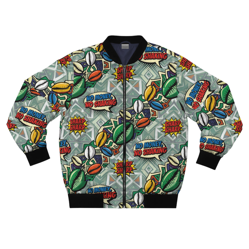 Graphic Bomber Jacket — 'No Money, No Shaking' Patchwork Streetwear