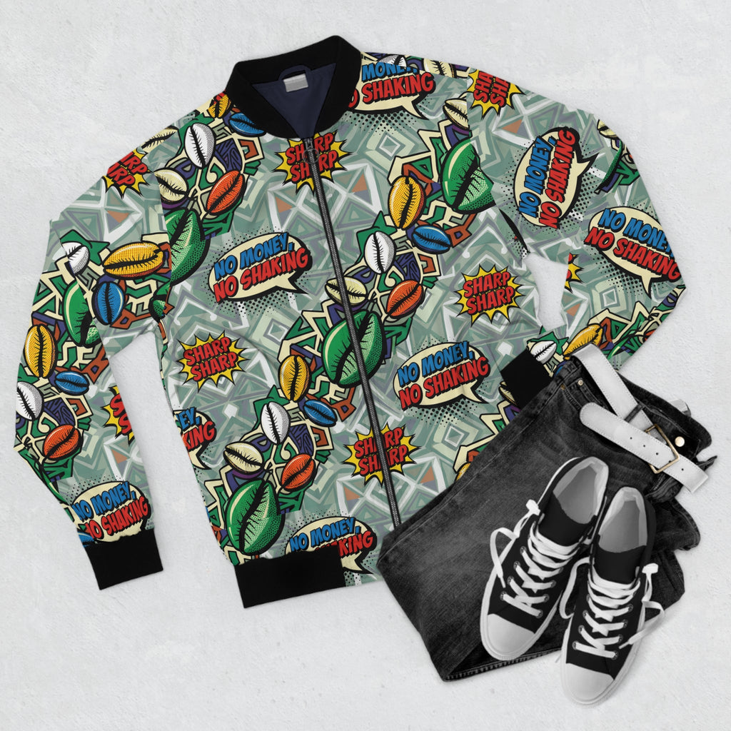 Graphic Bomber Jacket — 'No Money, No Shaking' Patchwork Streetwear
