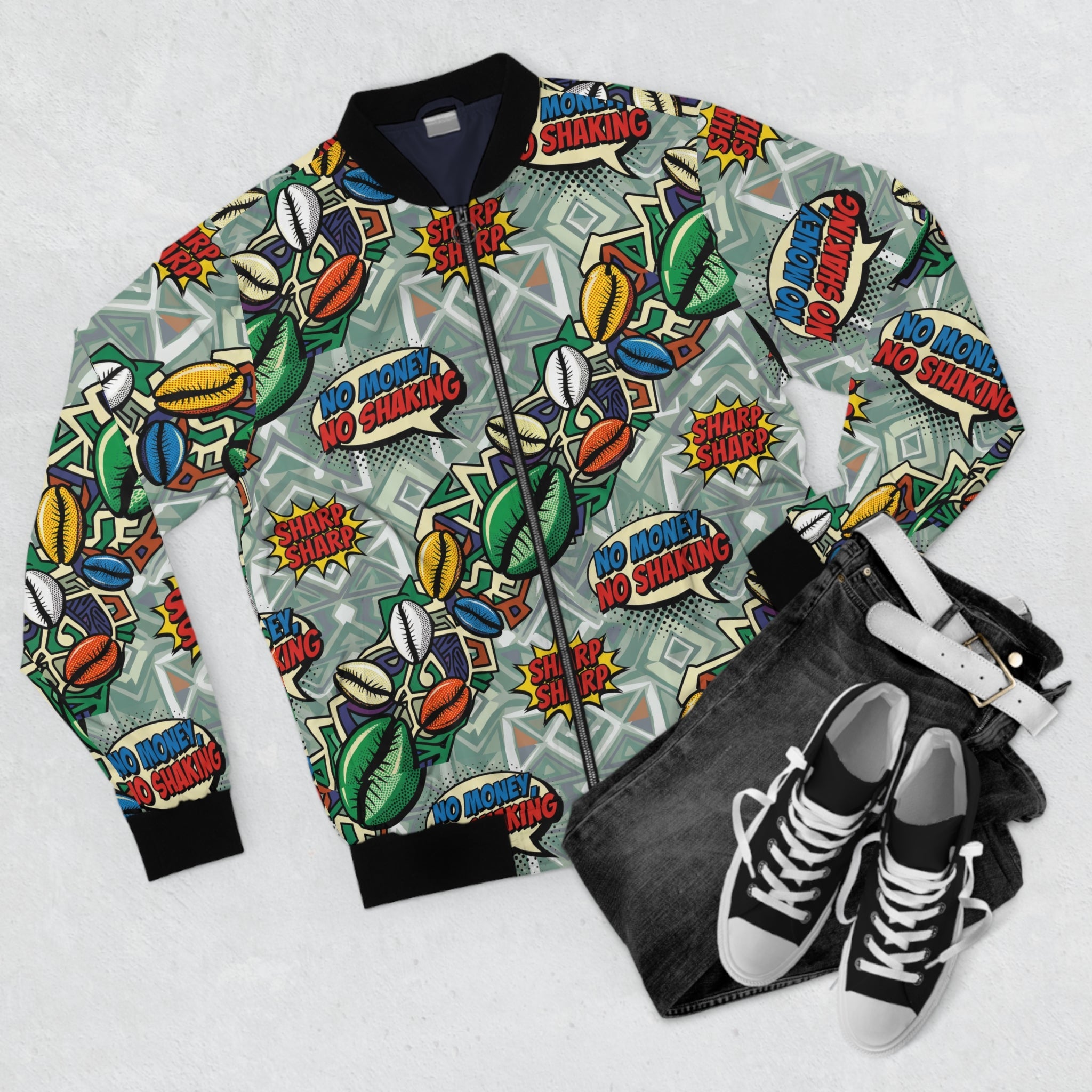 Graphic Bomber Jacket — 'No Money, No Shaking' Patchwork Streetwear