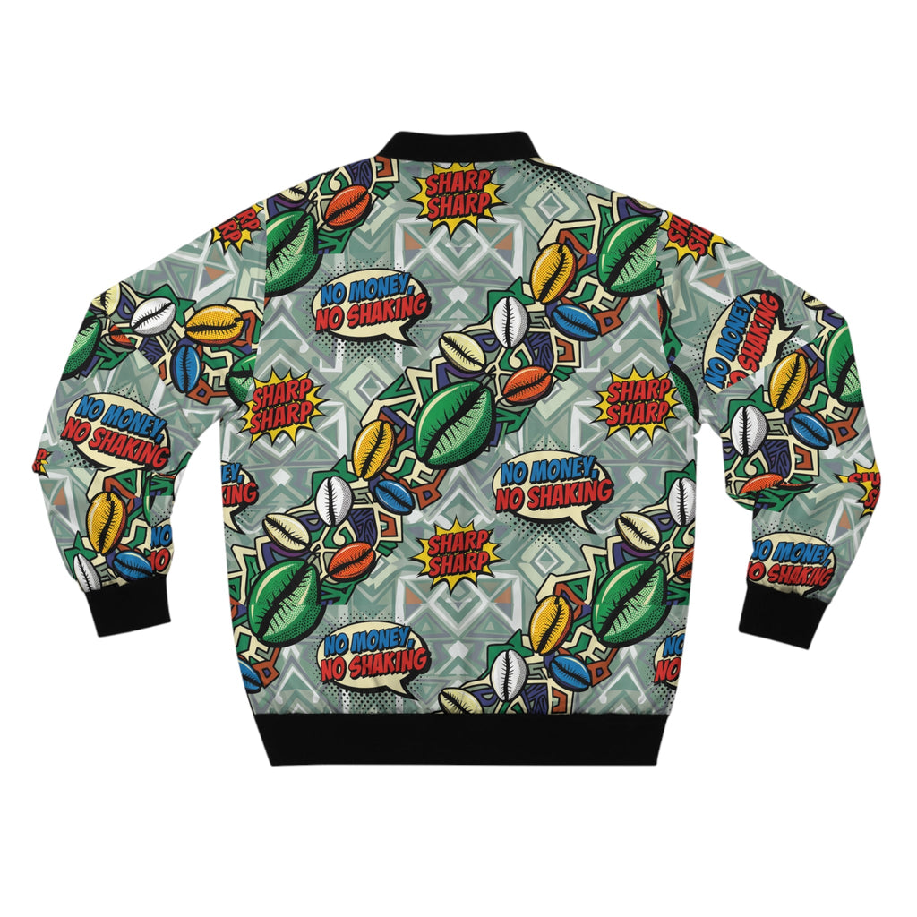 Graphic Bomber Jacket — 'No Money, No Shaking' Patchwork Streetwear
