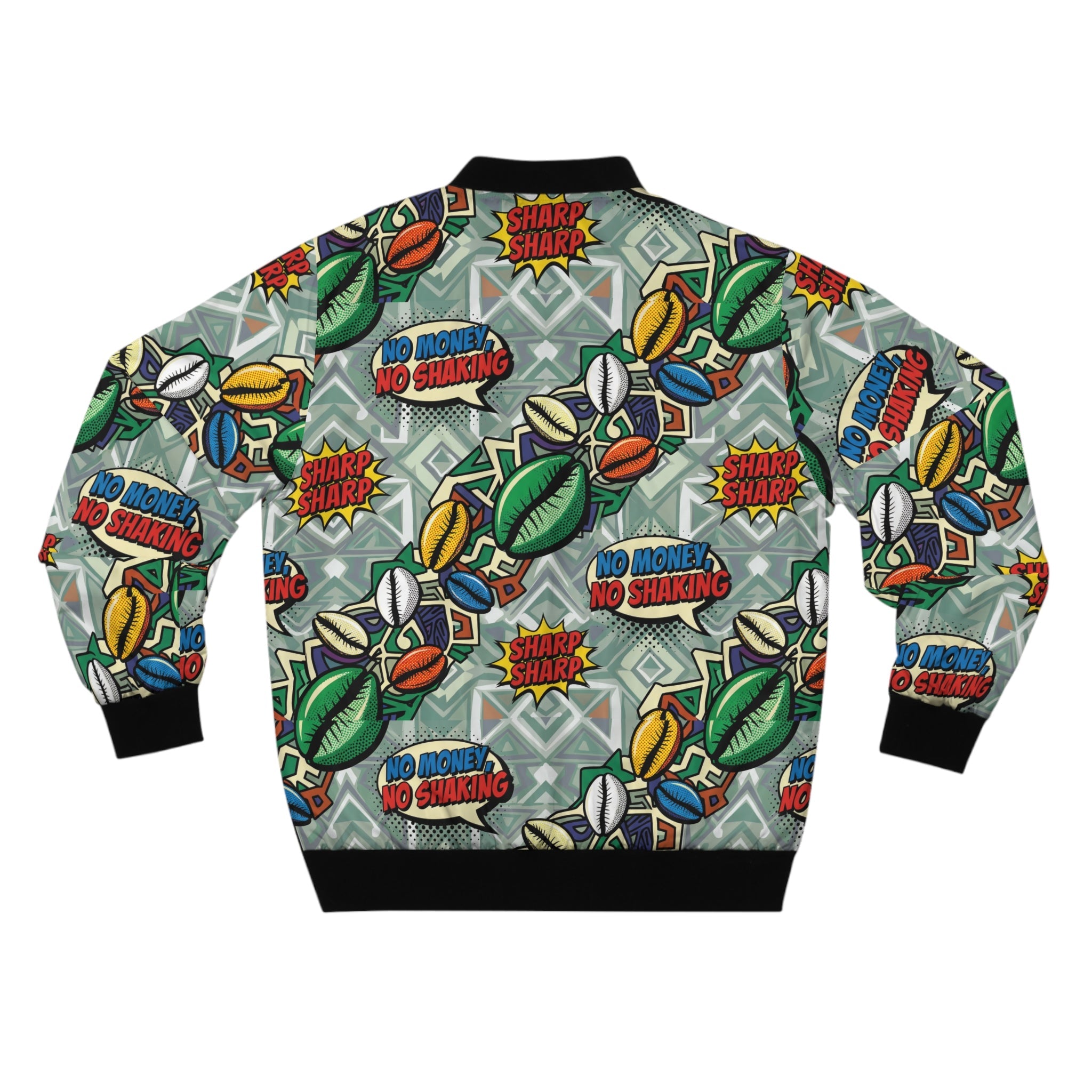Graphic Bomber Jacket — 'No Money, No Shaking' Patchwork Streetwear