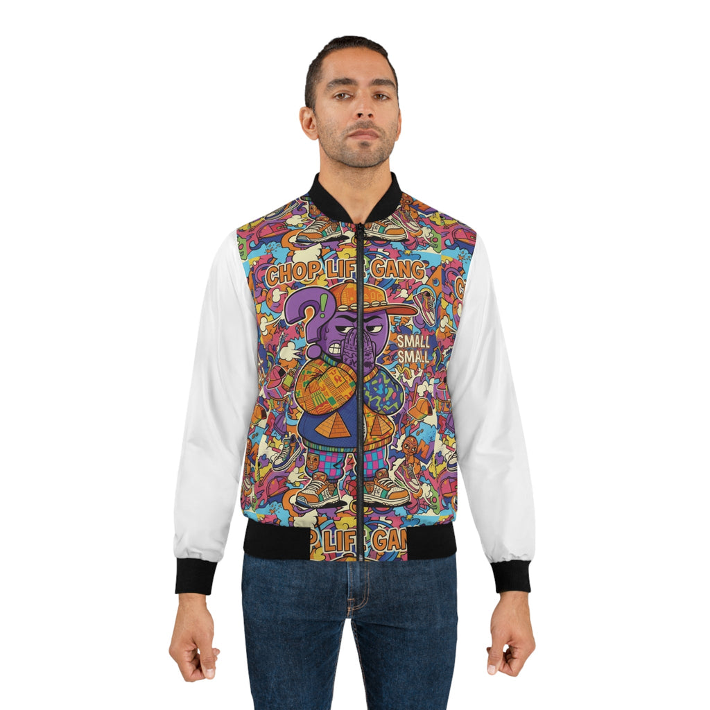 All-Over Print Bomber Jacket — 'Chop Life Gang' Colorful Street Art Design