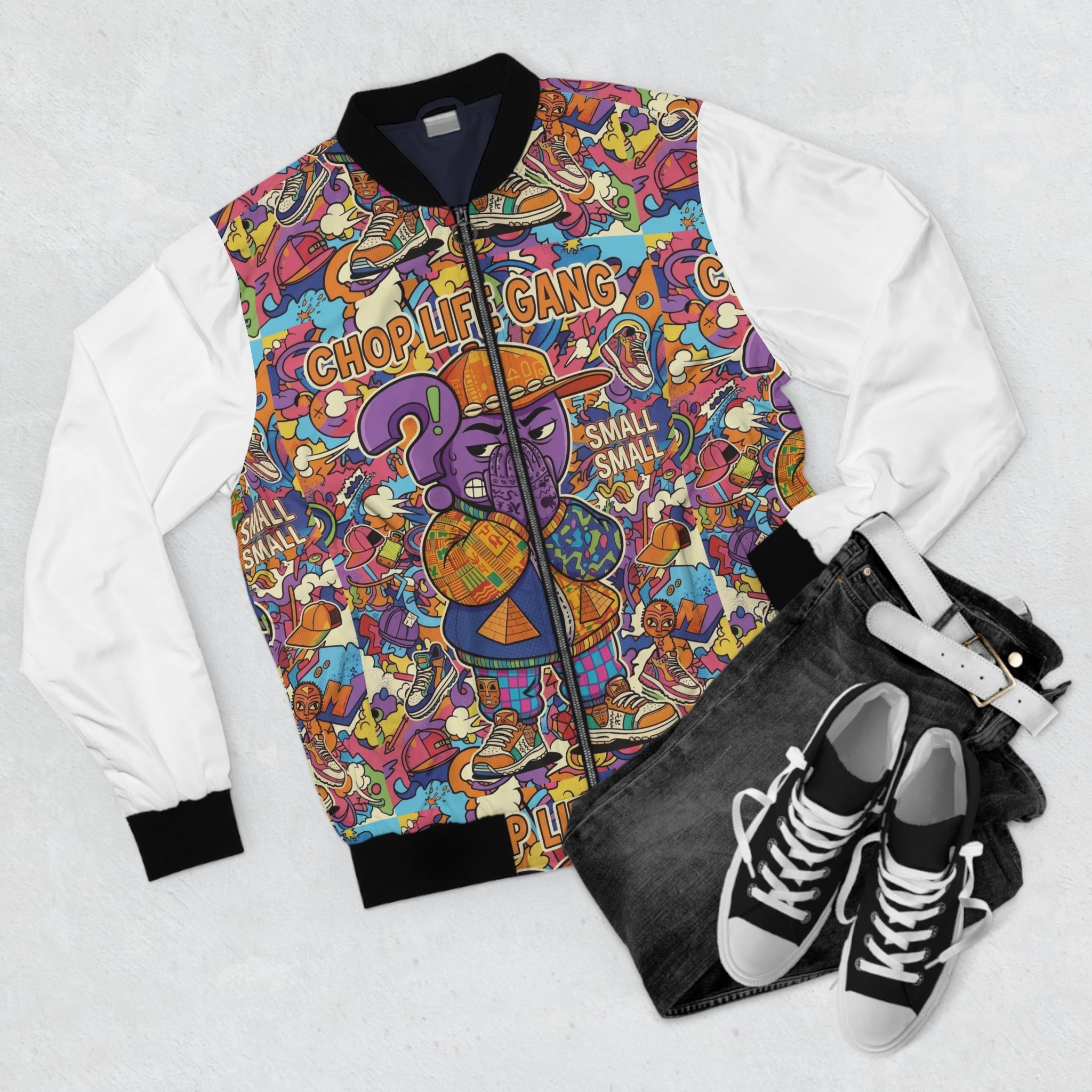 All-Over Print Bomber Jacket — 'Chop Life Gang' Colorful Street Art Design