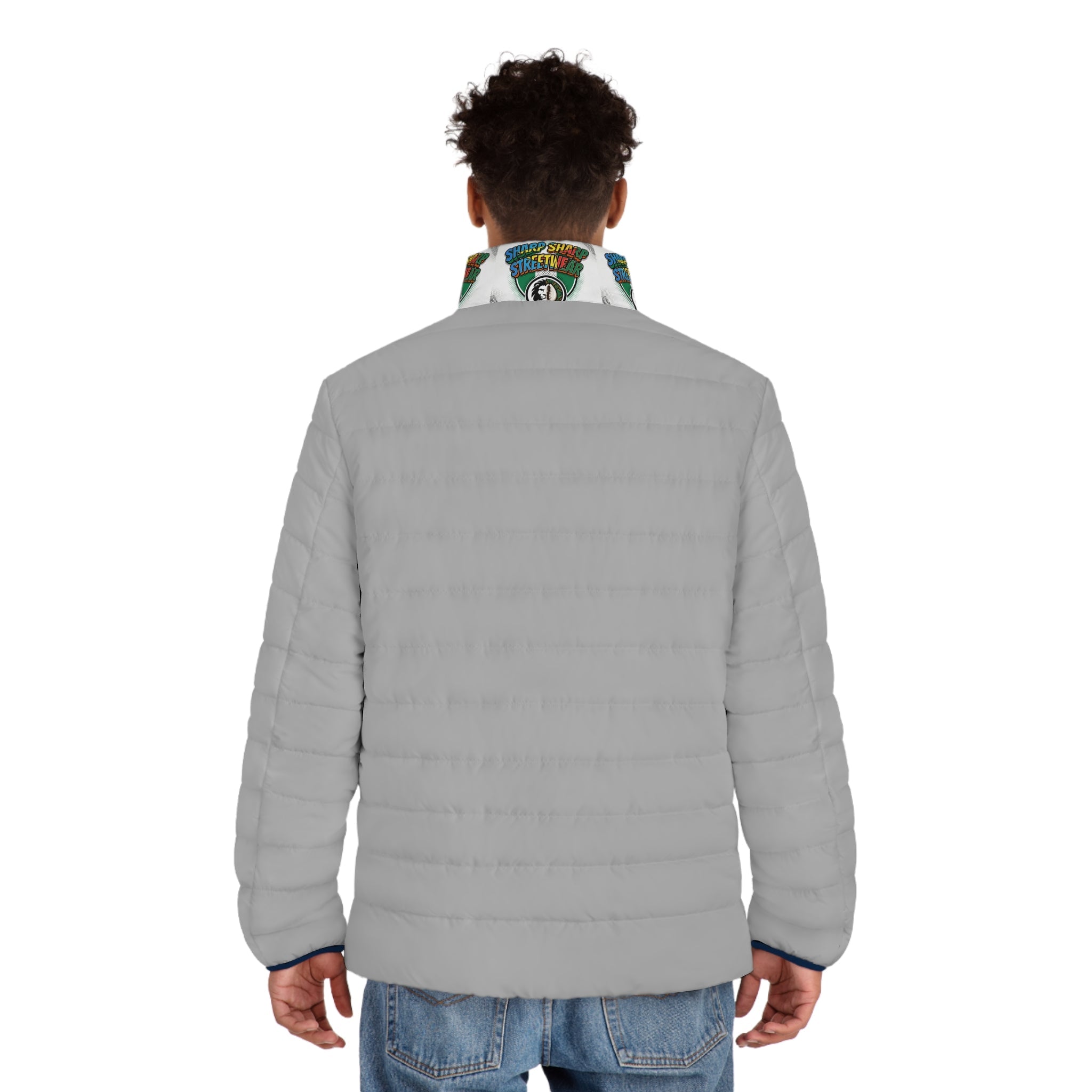 Puffer Jacket — Sharp Streetwear Logo All-Over Print