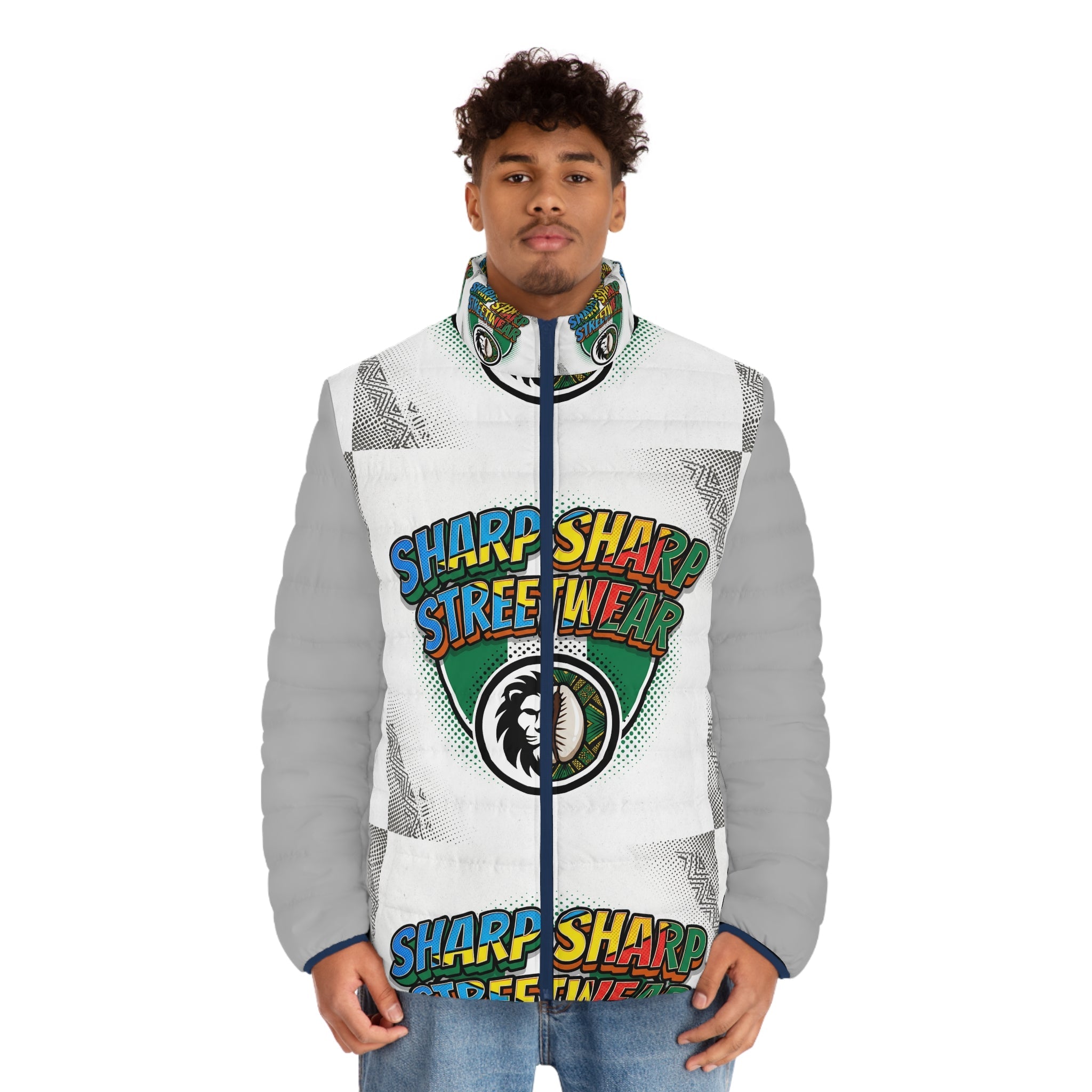 Puffer Jacket — Sharp Streetwear Logo All-Over Print