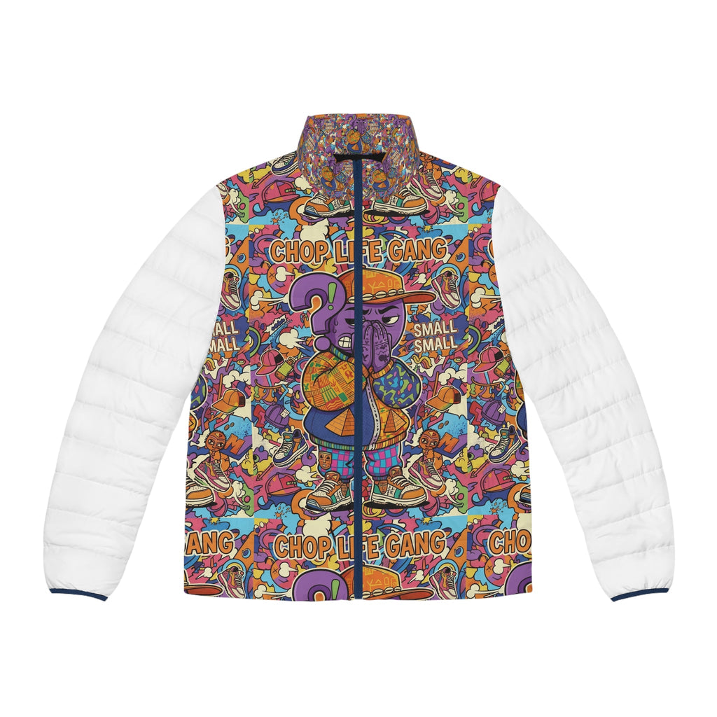 Chop Life Gang Graphic Puffer Jacket — Colorful Streetwear Men’s Coat