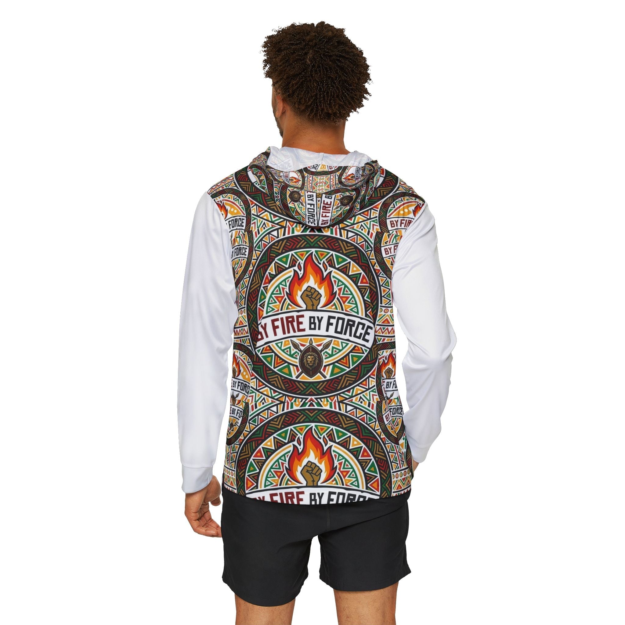 By Fire By Force Tribal Flame Hoodie — Men's All-Over Print Sports Warmup