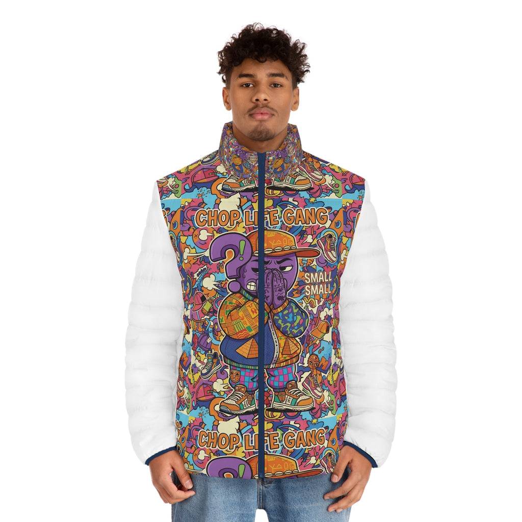 Chop Life Gang Graphic Puffer Jacket — Colorful Streetwear Men’s Coat