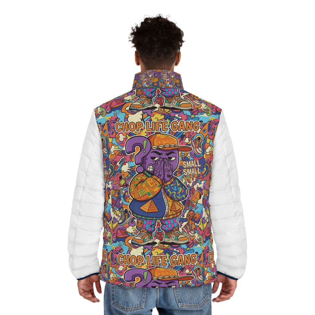 Chop Life Gang Graphic Puffer Jacket — Colorful Streetwear Men’s Coat