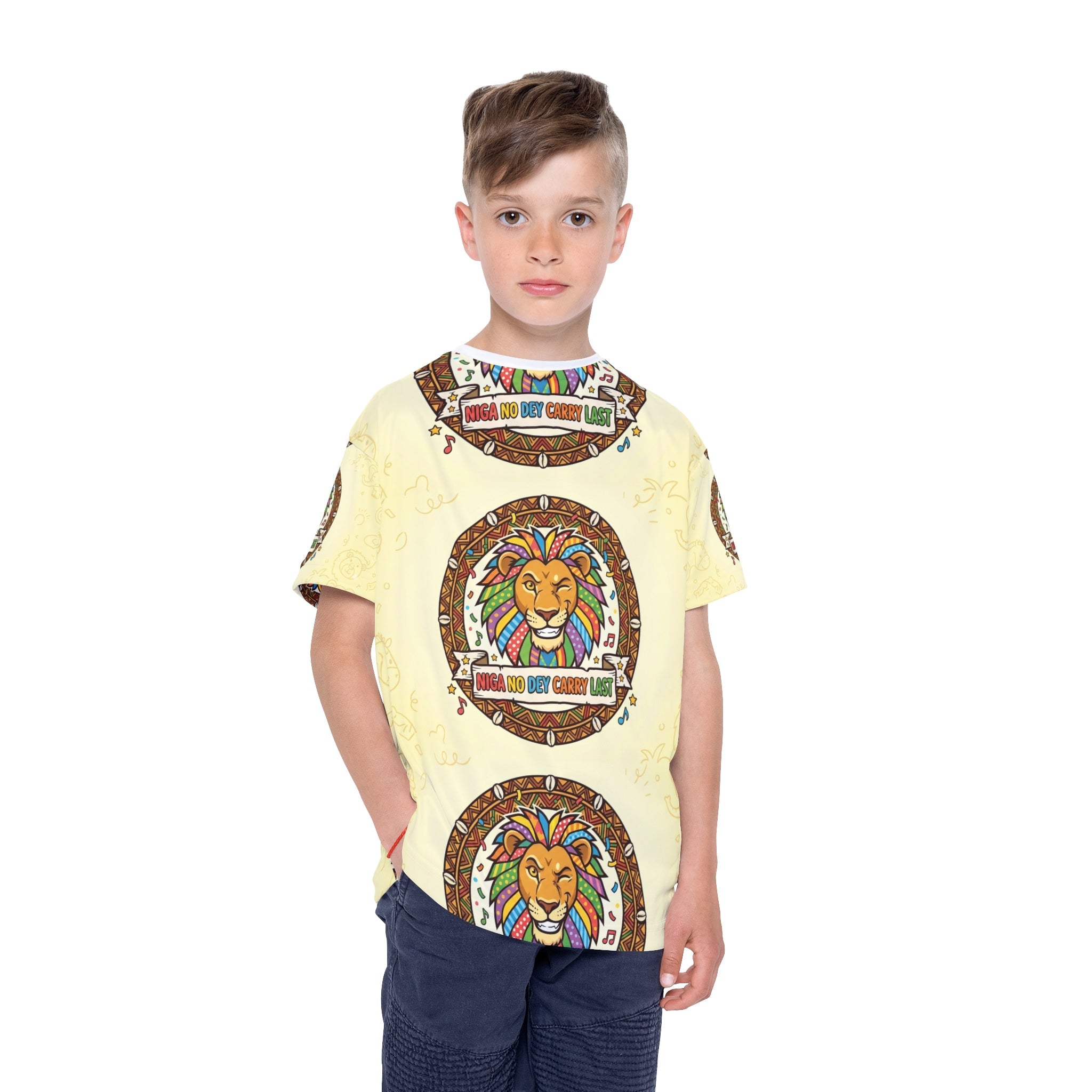 Kids Jersey — Colorful Lion AOP "Niga No Boy Cryy Last" Sports Tee