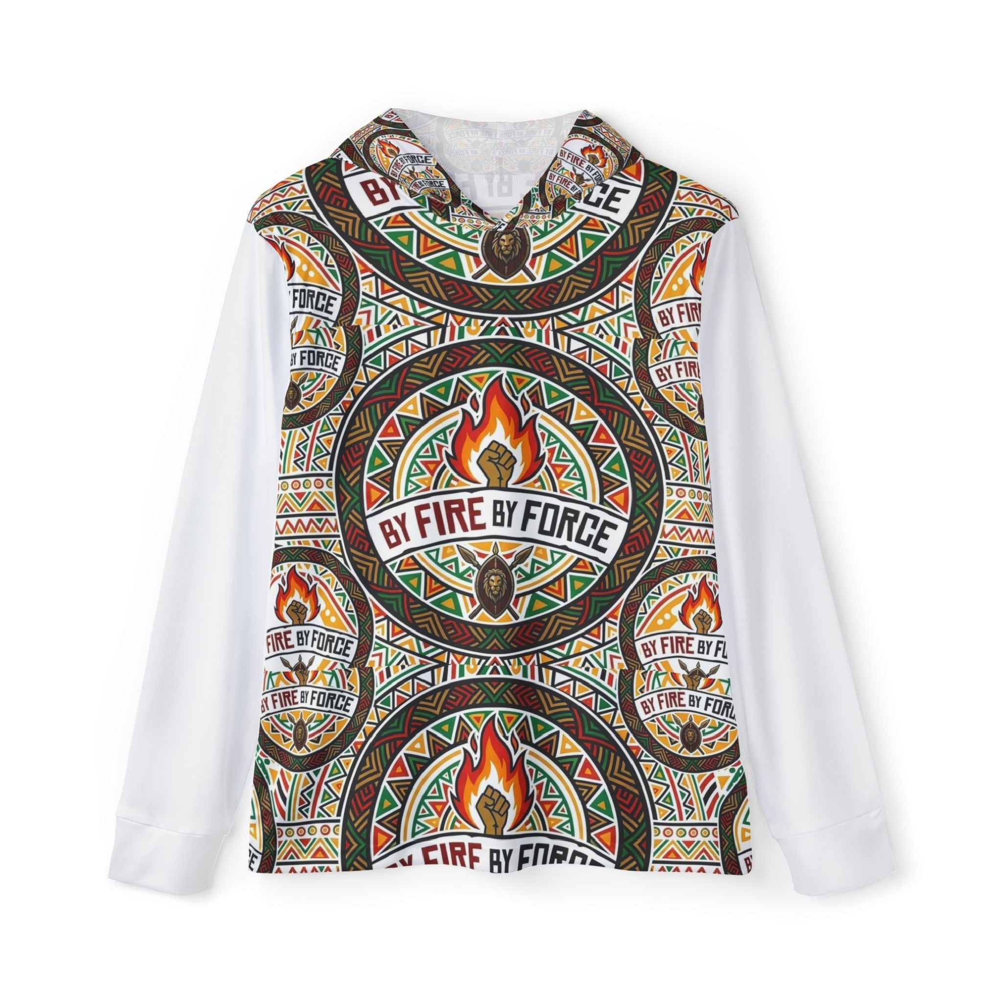 By Fire By Force Tribal Flame Hoodie — Men's All-Over Print Sports Warmup